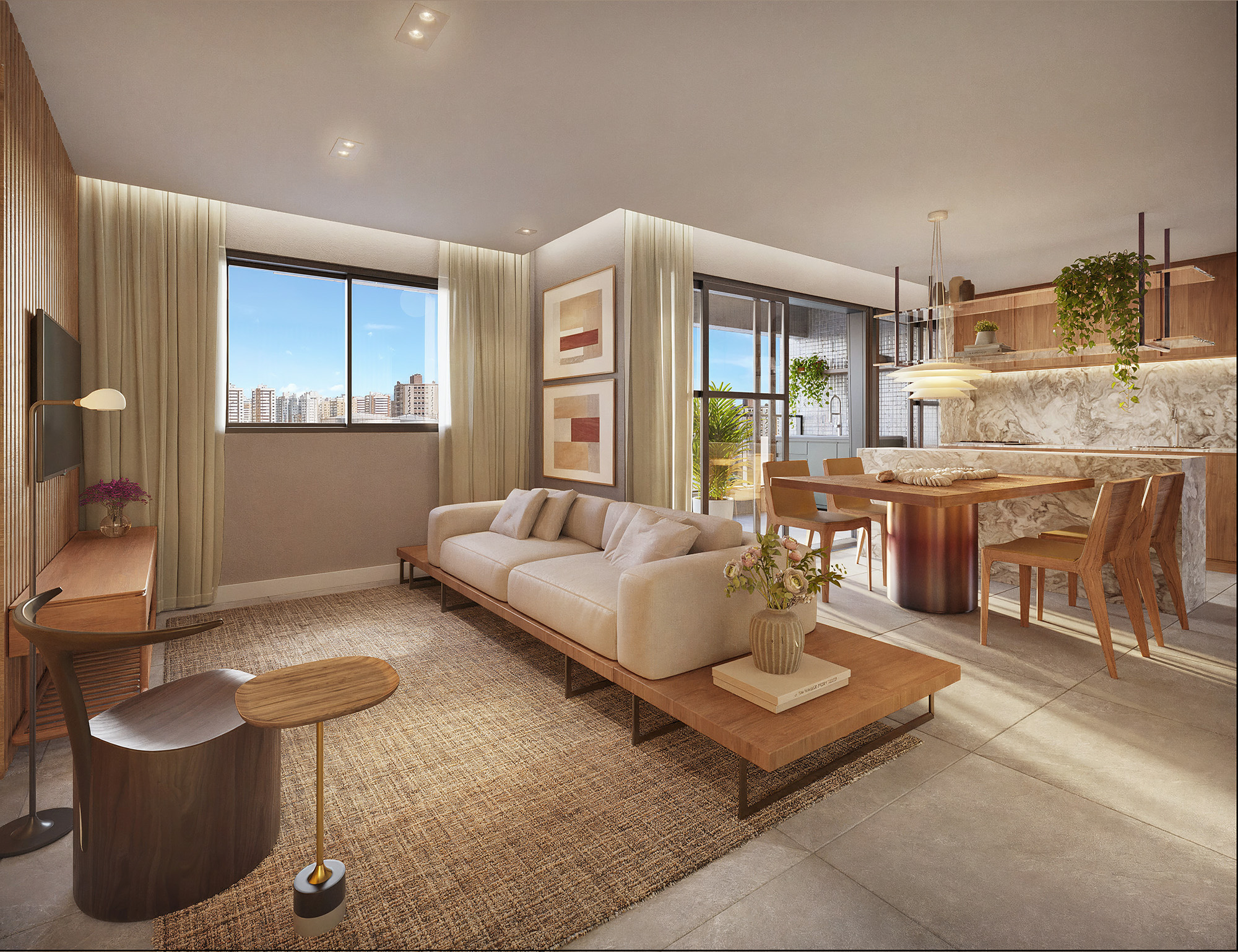 Living decorado com varanda integrada