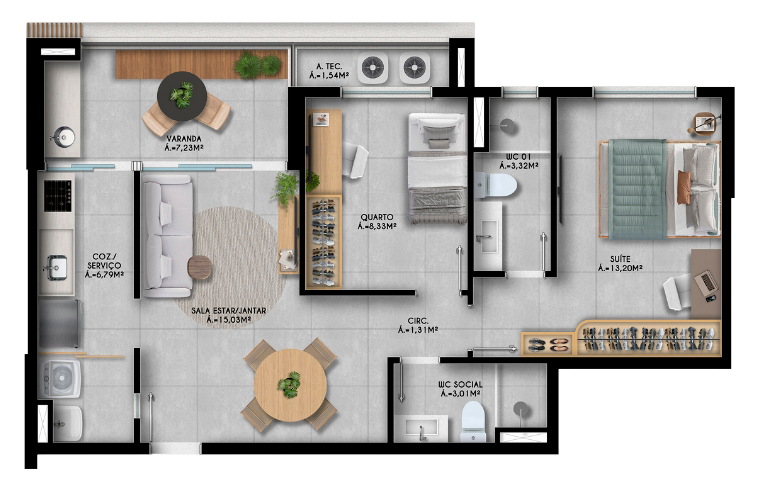 Planta de 2 quartos