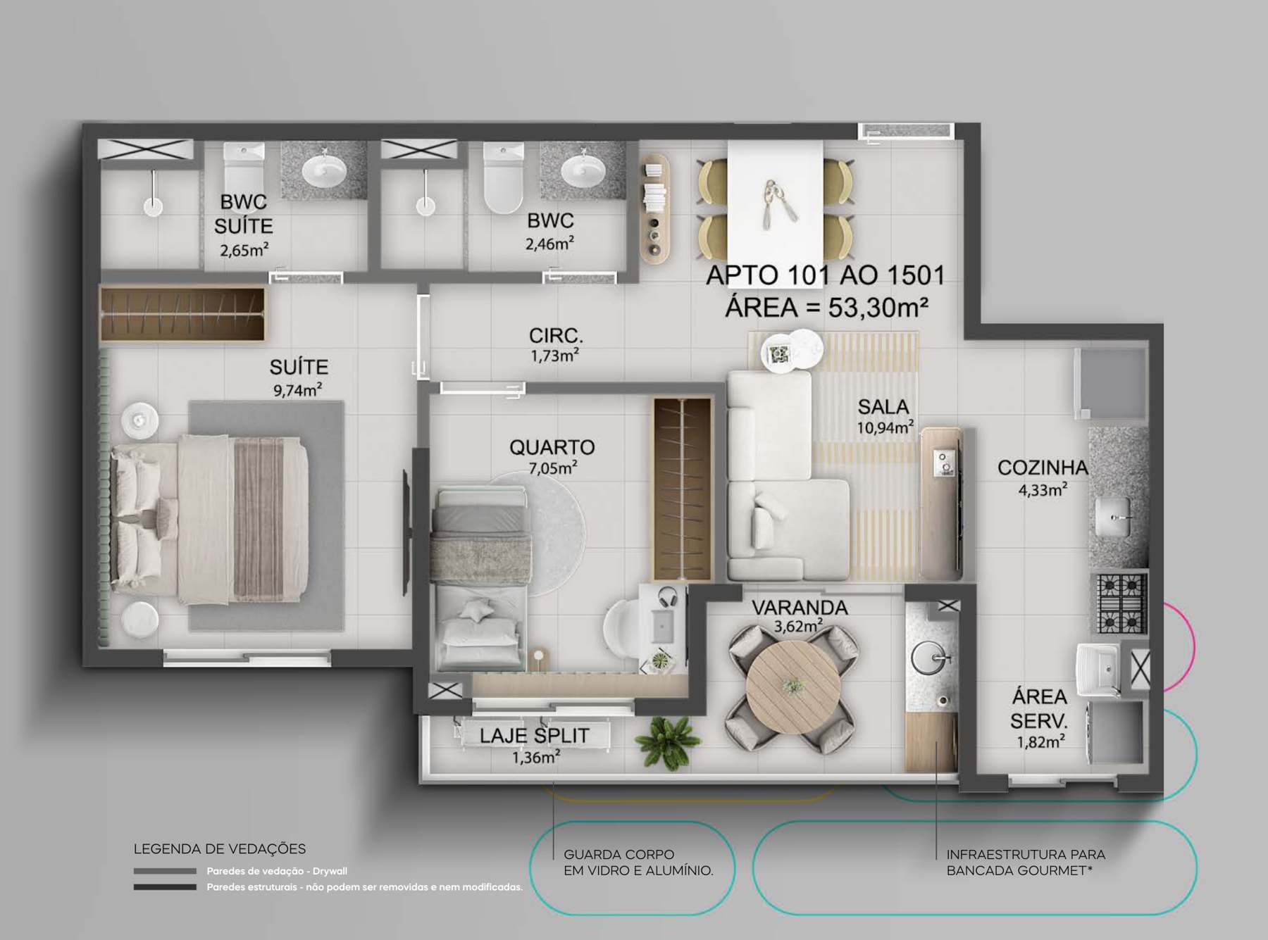 Planta do apartamento Smart de 53,30 m² com 2 quartos