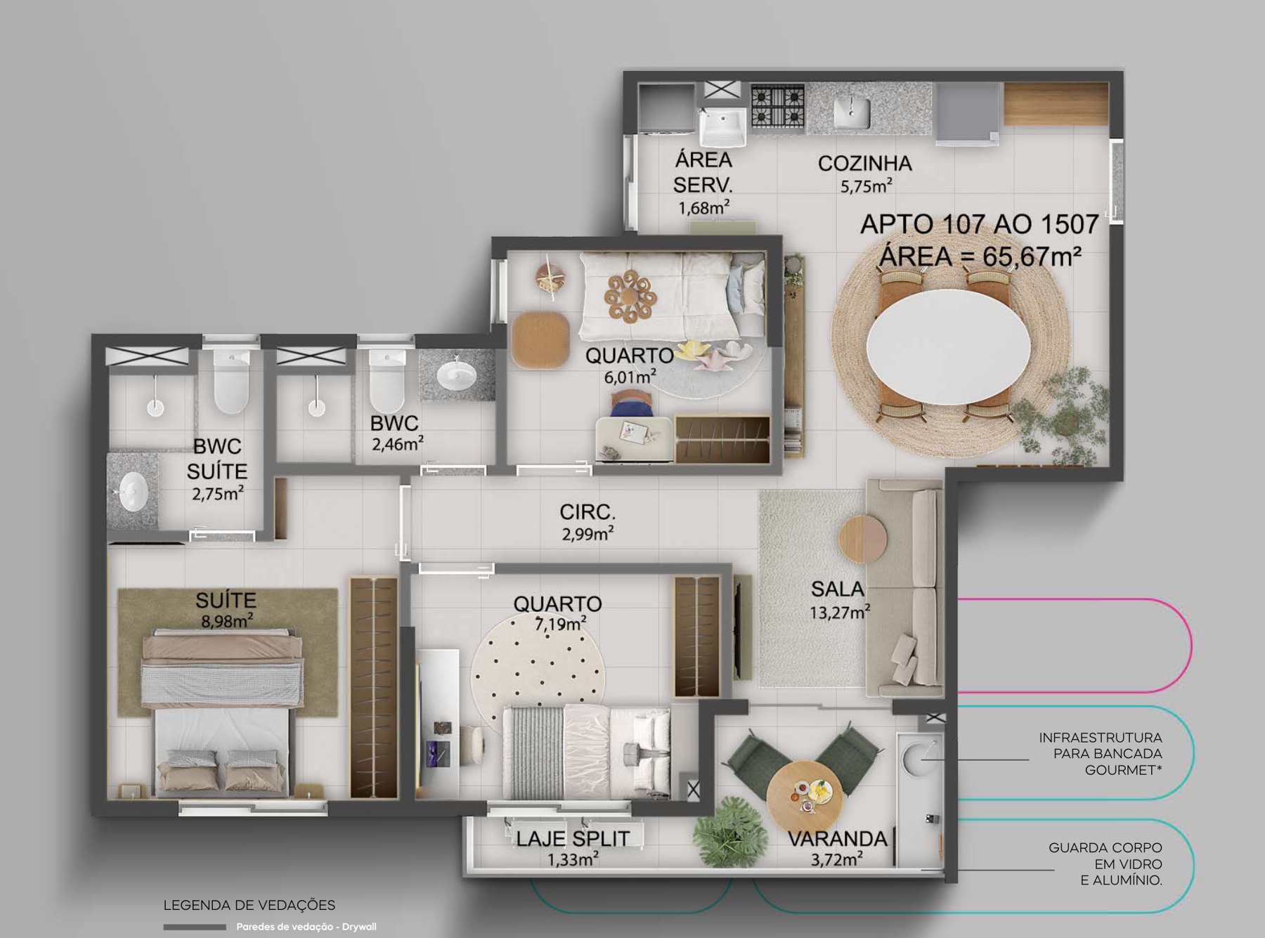 Planta do apartamento Comfort de 65,67 m² com 3 quartos