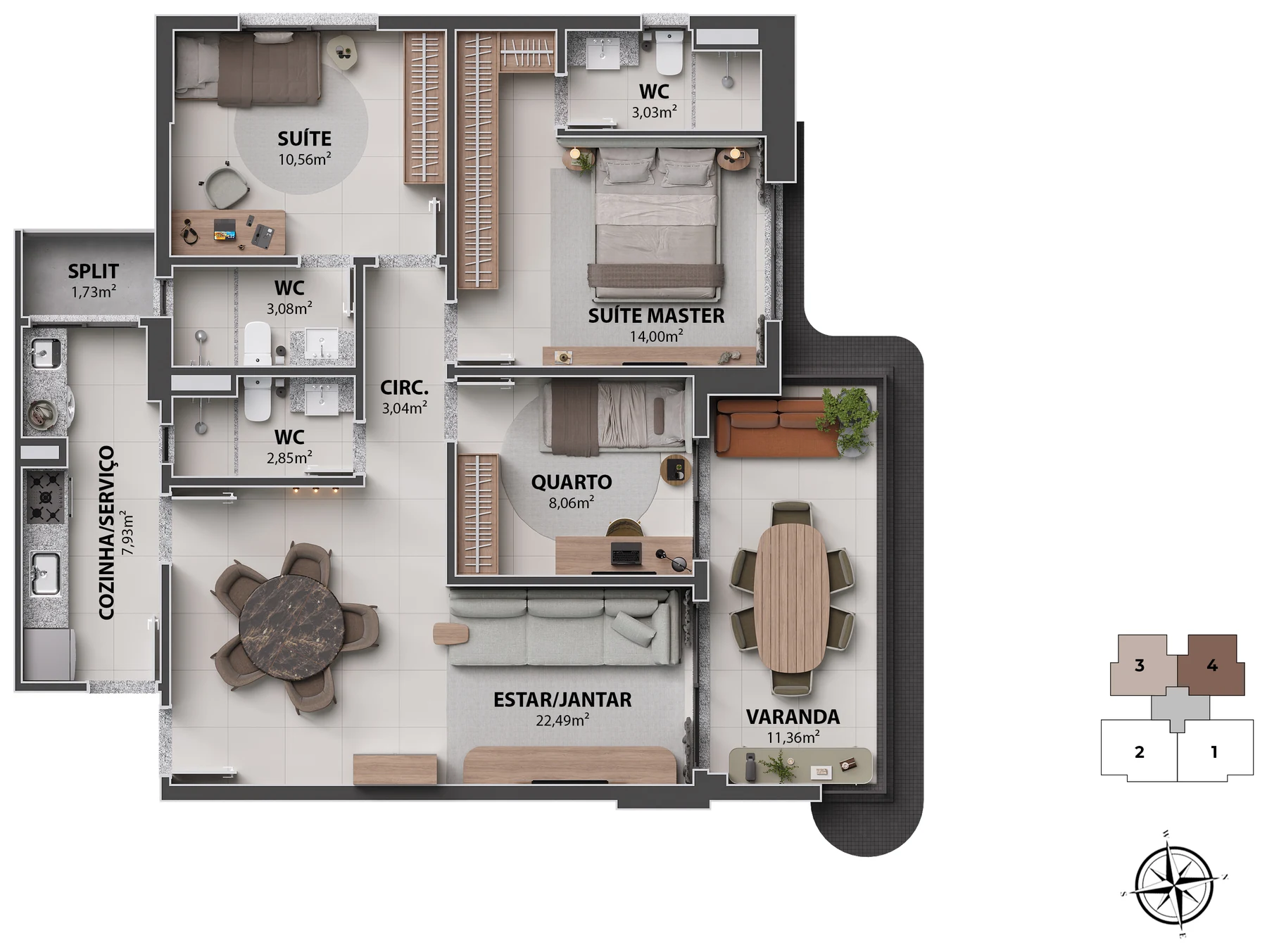 Planta do apartamento de 105 m² com 3 quartos