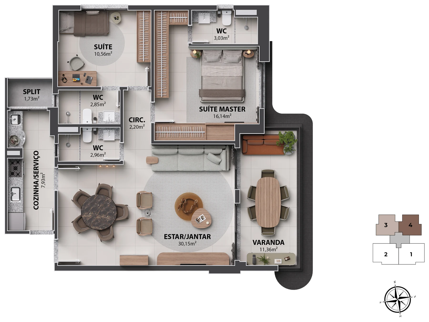 Planta do apartamento de 105 m² com sala ampliada