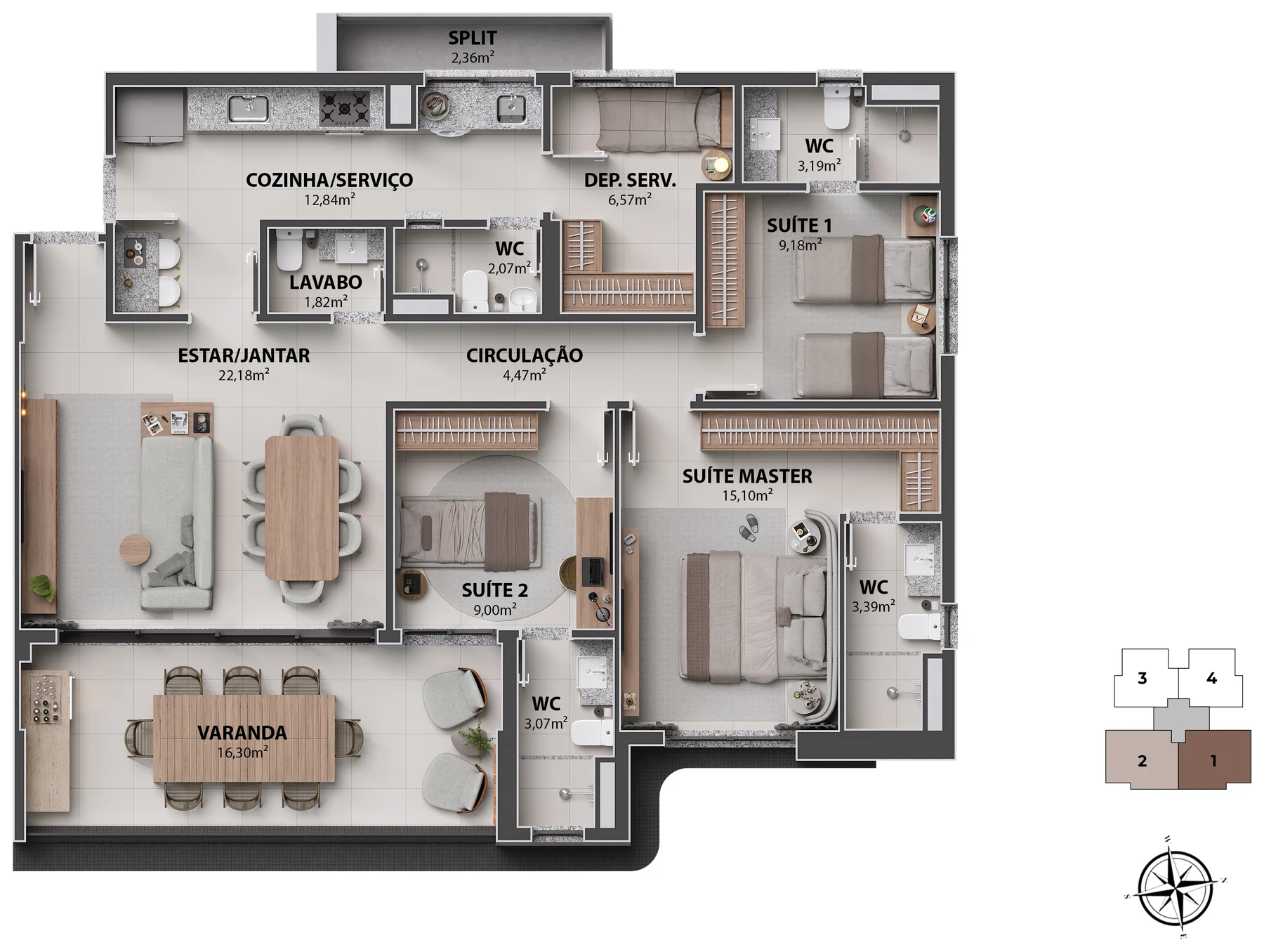 Planta do apartamento de 132 m² com 3 suítes