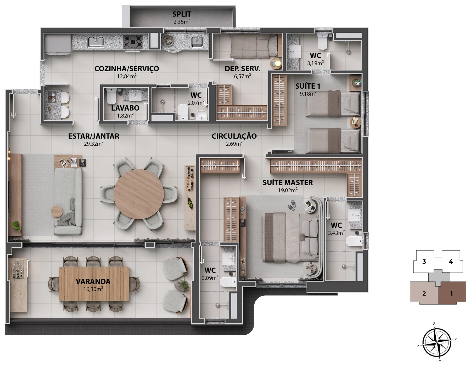 Planta do apartamento de 132 m² com sala ampliada