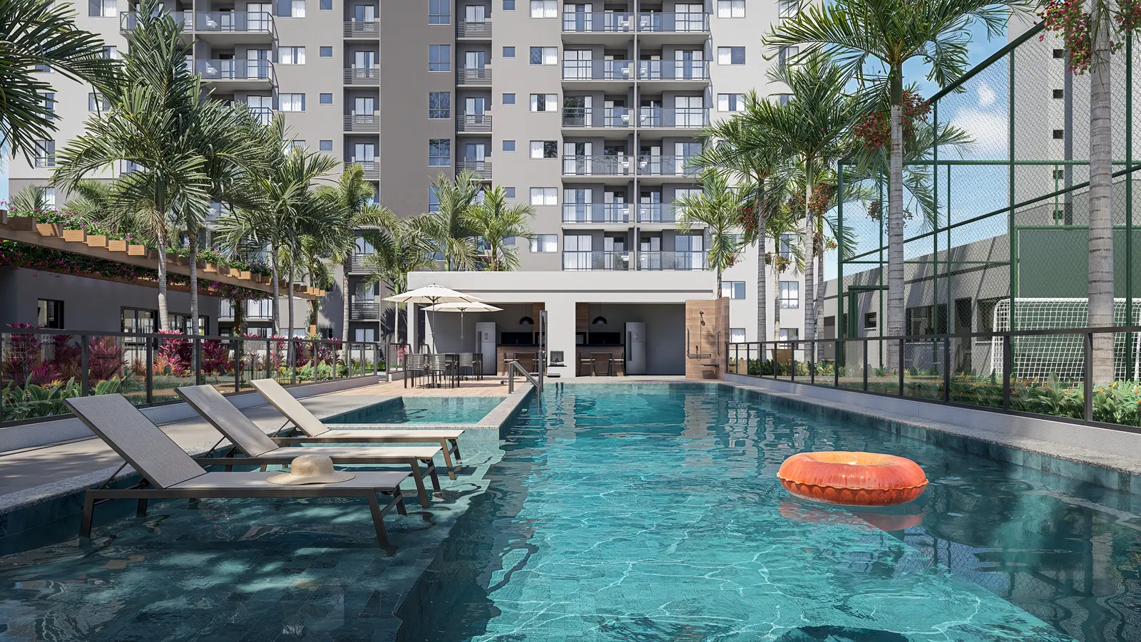 Piscina adulto e infantil com deck