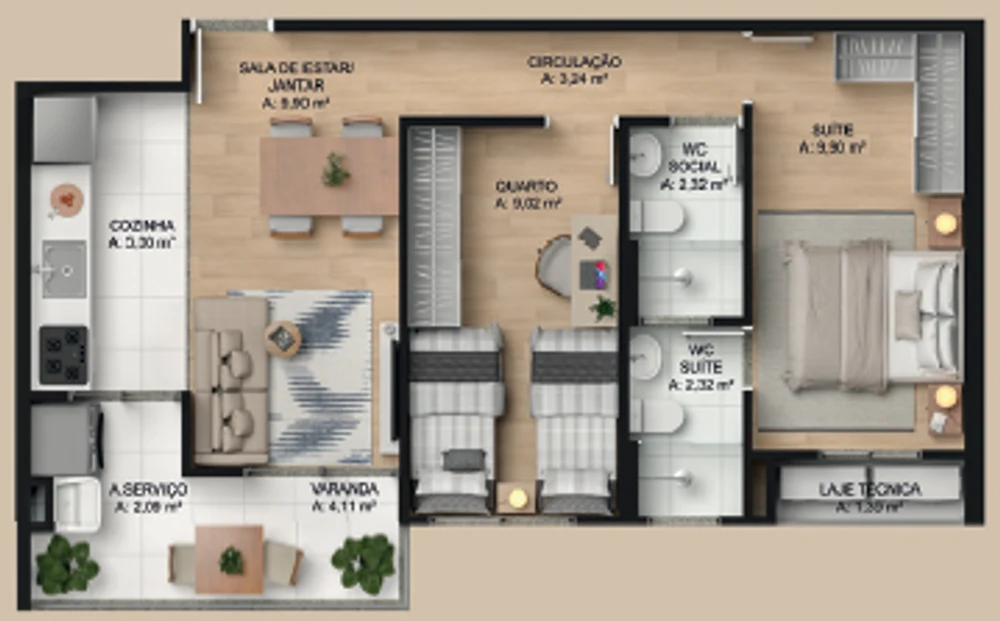Planta do apartamento de 2 quartos com 55,18 m²