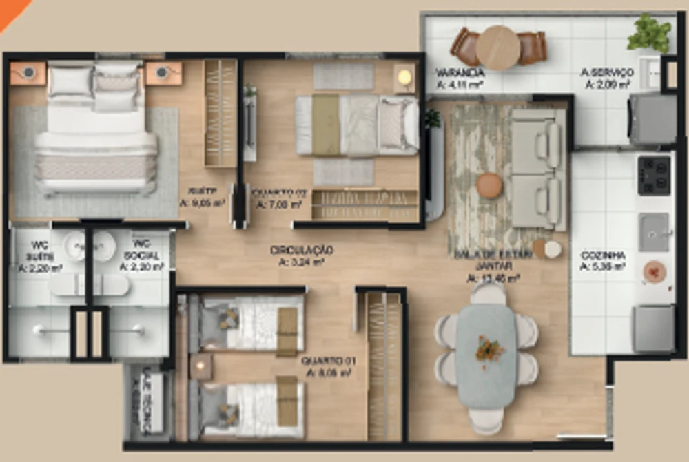Planta do apartamento de 3 quartos com 63,38 m²